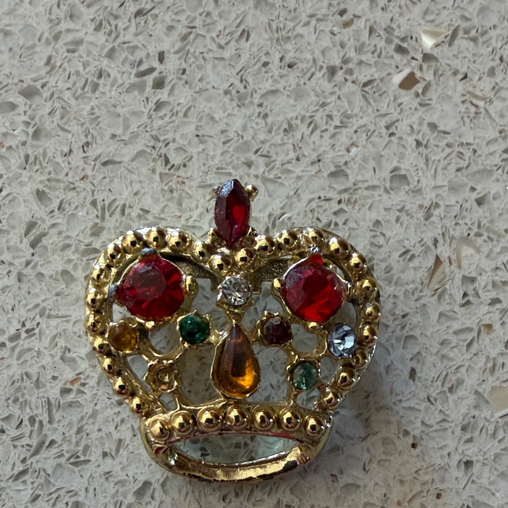 Gold Crown Brooch With Multicolor Gems